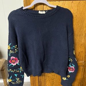 Floral sleeve baby blue sweater
